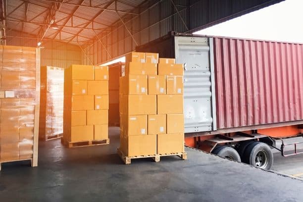Pallets being loaded into a shipping container