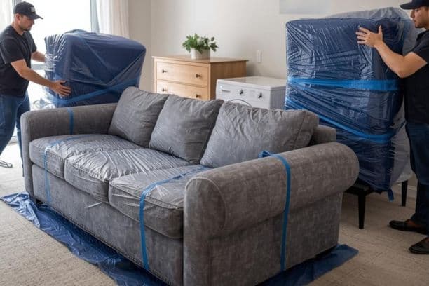 Furniture wrapped in protective plastic for moving